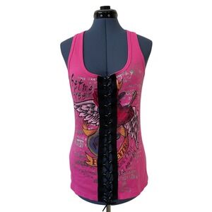 VTG Karma Women Pink Lace Up Sleeveless Graphic Tank Top Y2K Skater Punk Biker M